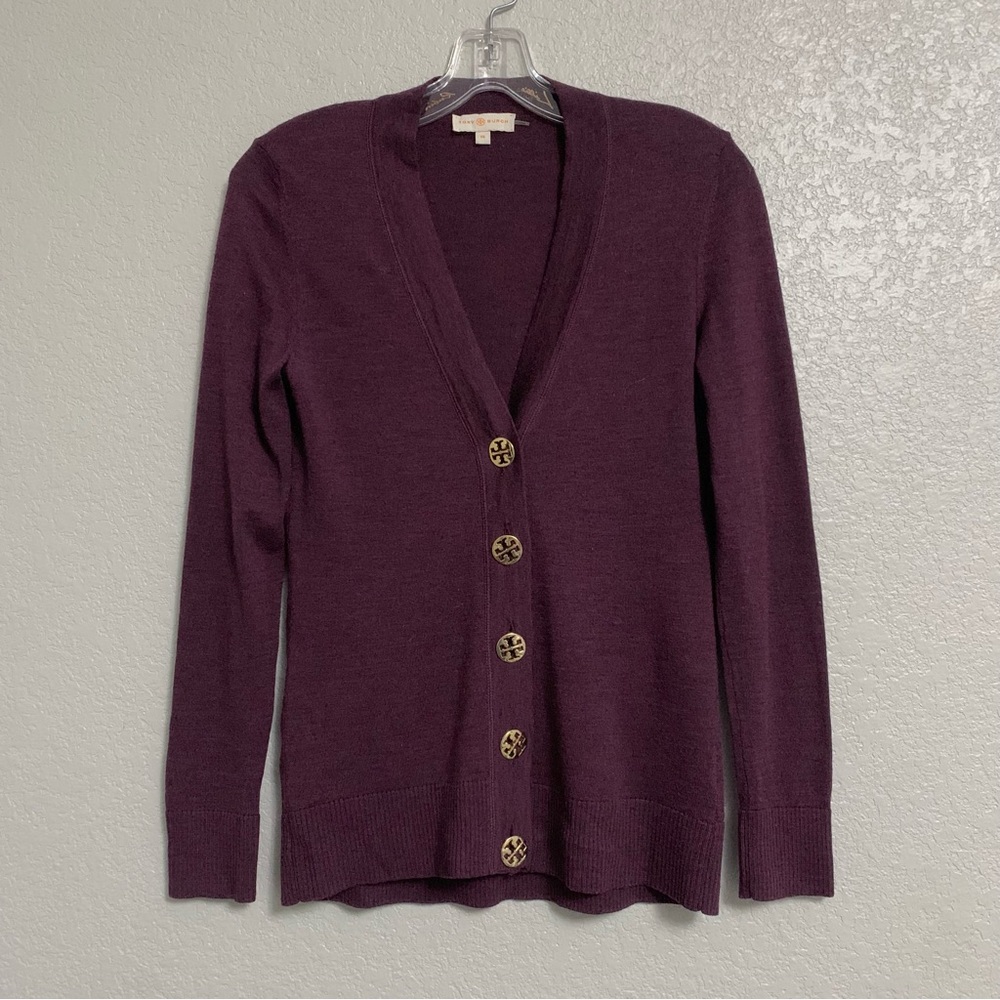 Tory Burch Cardigan Sweater Womens XS Simone Merino Wool Gold Logo Button Preppy